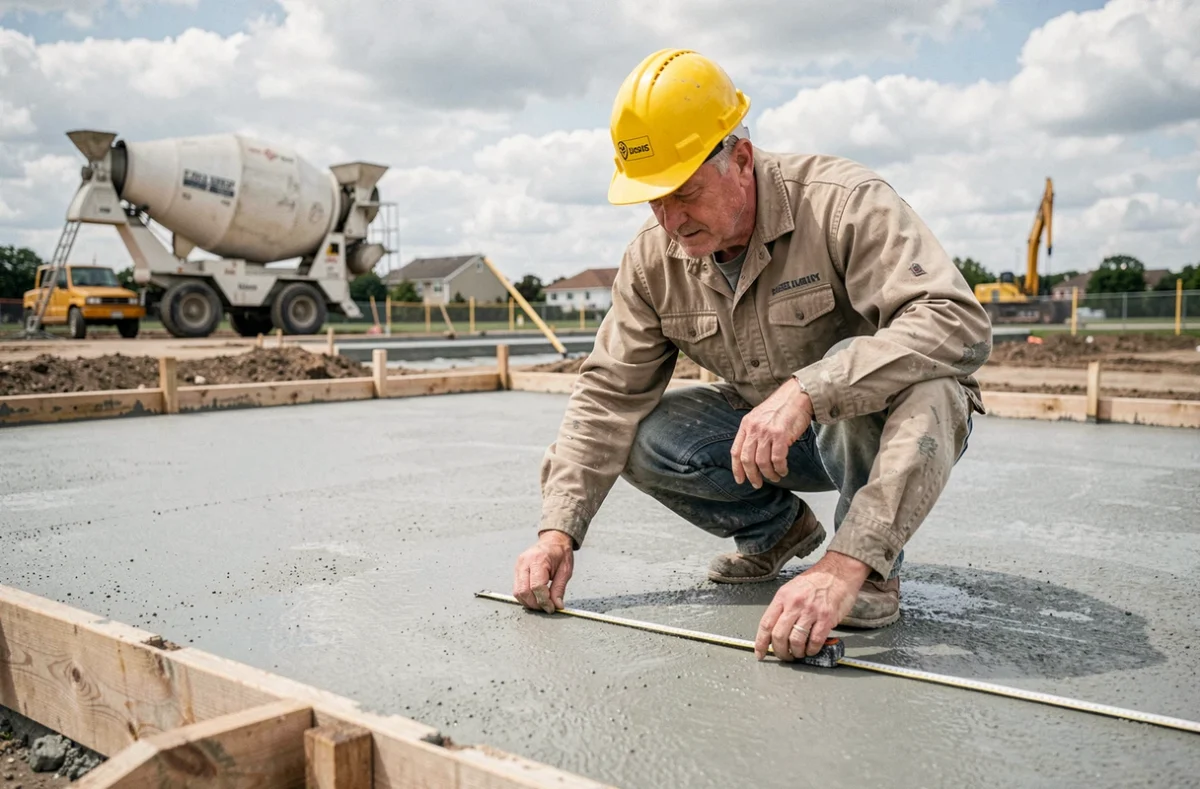 Ouvrier mesurant une dalle béton fraîchement coulée sur un chantier résidentiel pour estimer le prix au m2