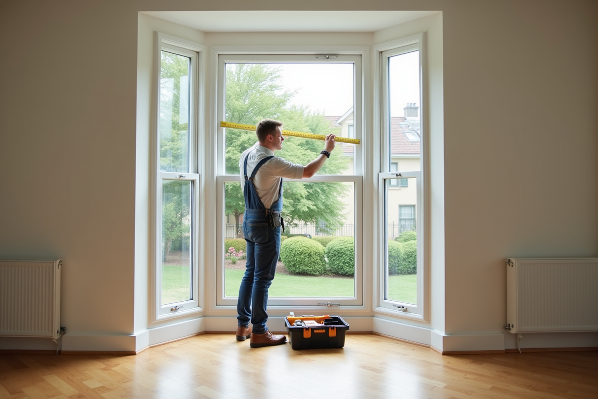 Artisan professionnel mesure une fenêtre dans salon neuf