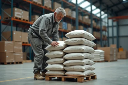 Ouvrier empilant des sacs de ciment de 25 kg sur une palette en bois dans un entrepôt de matériaux de construction