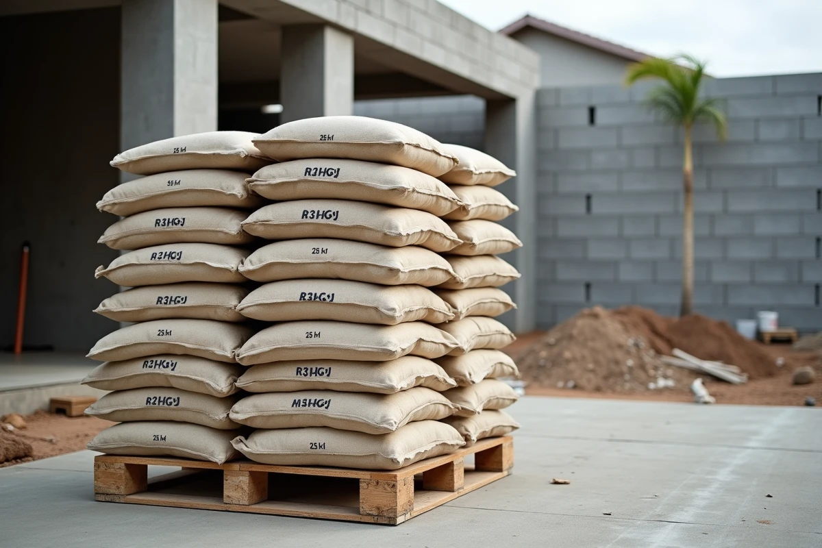 Palette complète de sacs de ciment 25 kg sur un chantier de construction de garage résidentiel