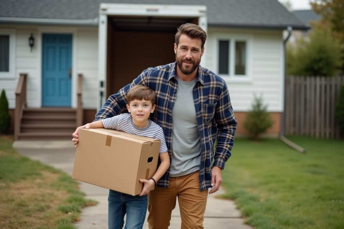 Père portant une boîte avec son fils lors d