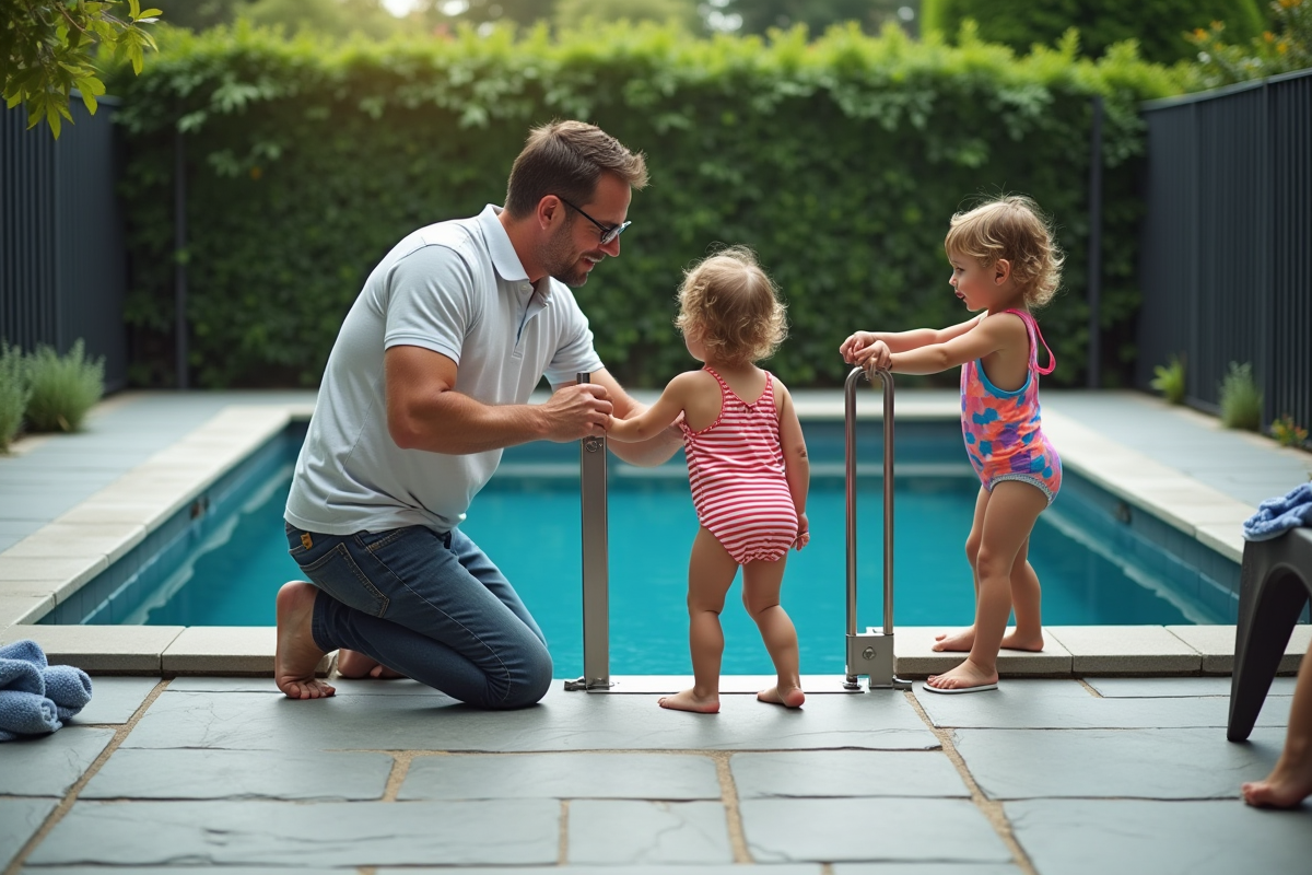 Père vérifiant la sécurité de la piscine familiale