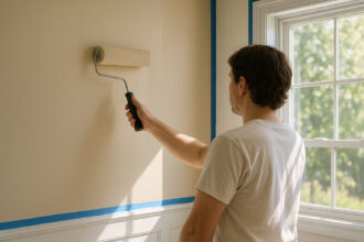 Photo hyperrealiste d'un intérieur de maison en cours de peinture avec un peintre au rouleau