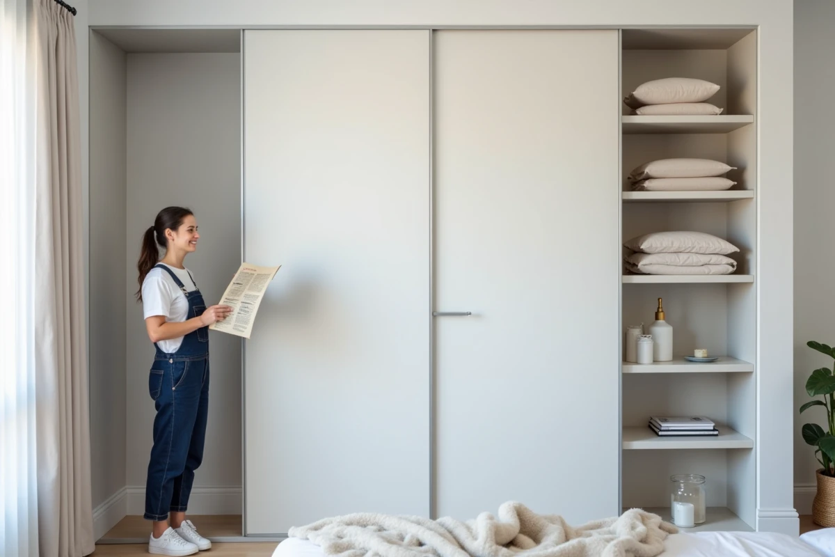 Femme admirant une penderie Brico Dépôt entièrement montée dans une chambre minimaliste avec portes coulissantes