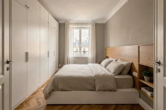Petite suite parentale de 15m2 avec armoires sur mesure blanches et tête de lit intégrée en bois