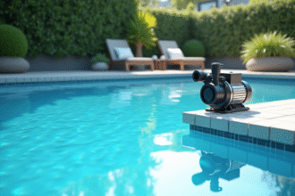 Piscine bleue brillante dans le jardin avec pompe moderne