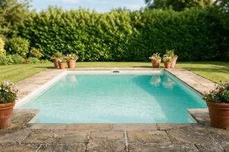 Piscine enterrée rectangulaire avec margelles en pierre naturelle dans un jardin résidentiel bien aménagé