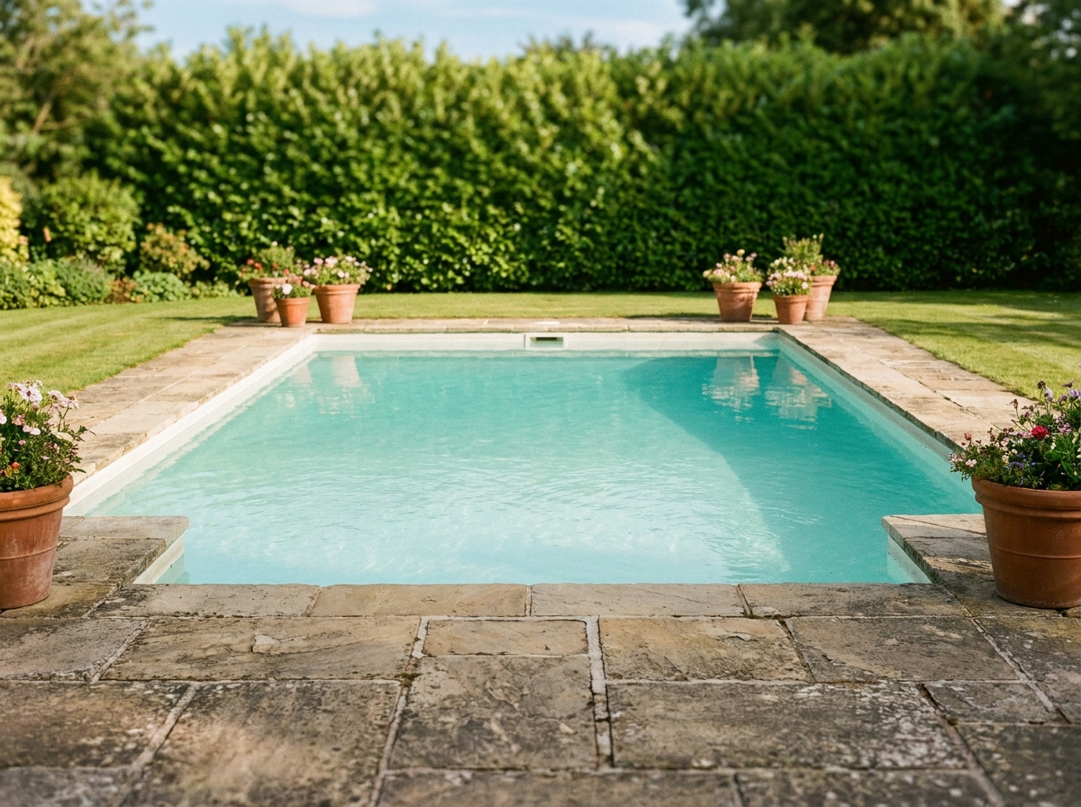 Piscine enterrée rectangulaire avec margelles en pierre naturelle dans un jardin résidentiel bien aménagé