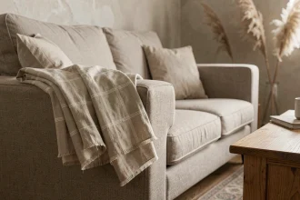 Plaid en lin lavé beige soigneusement posé sur l'accoudoir d'un canapé dans un salon scandinave épuré