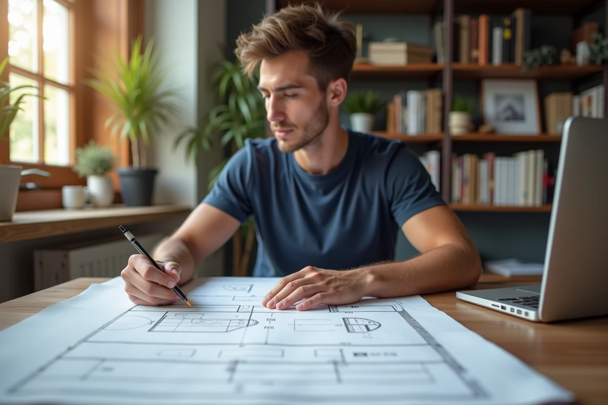 Jeune homme examinant plans architecturaux de baignoire dans un bureau lumineux