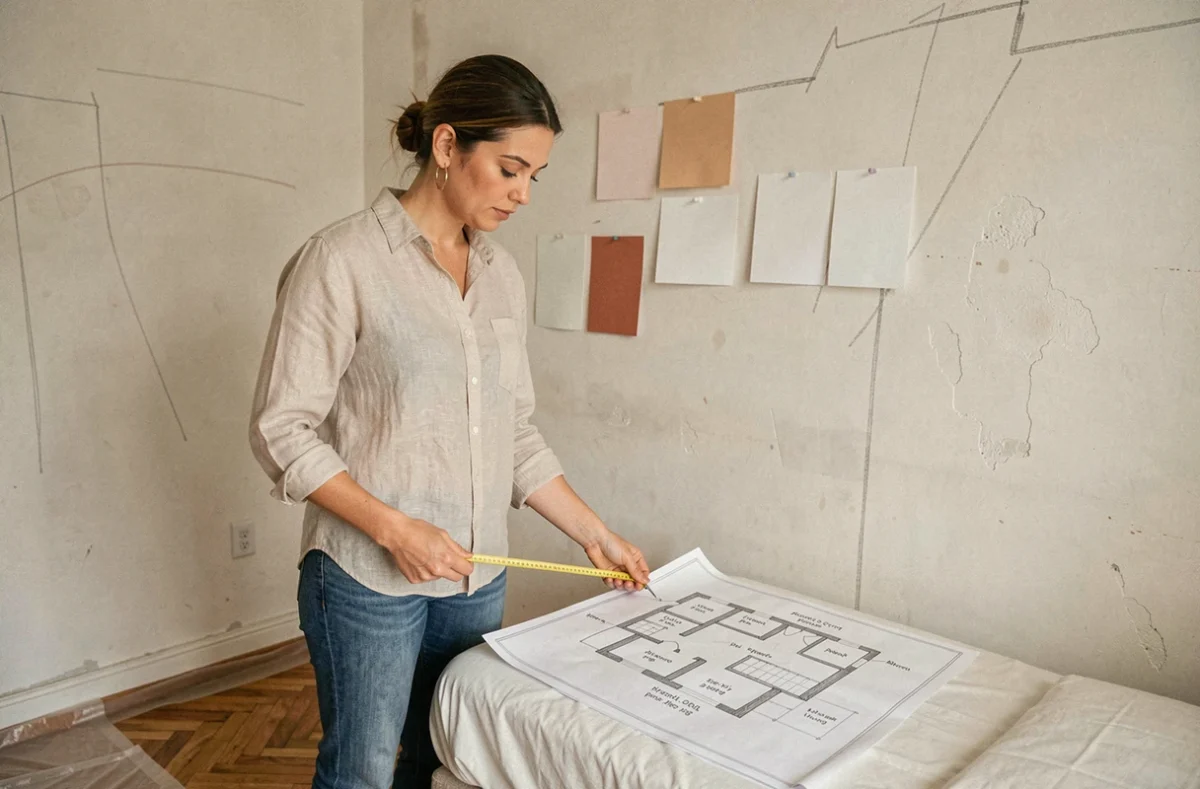 Femme planifiant l'aménagement sur mesure d'une petite suite parentale de 15m2 avec plan au sol