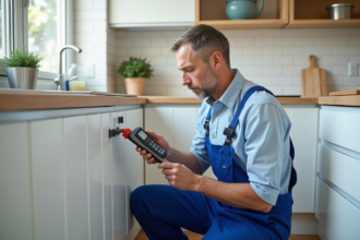 Plombier moyenage utilisant un humidimètre dans une cuisine moderne