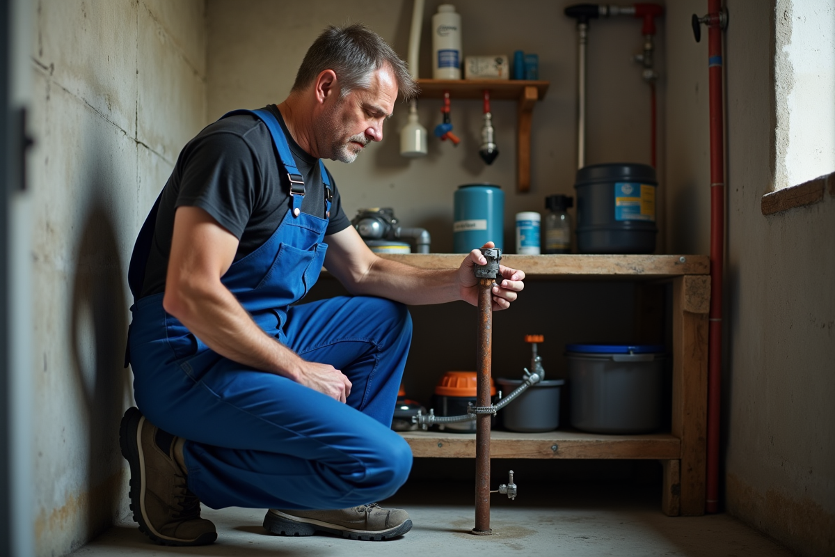 Plombier homme inspectant des tuyaux dans un sous-sol propre