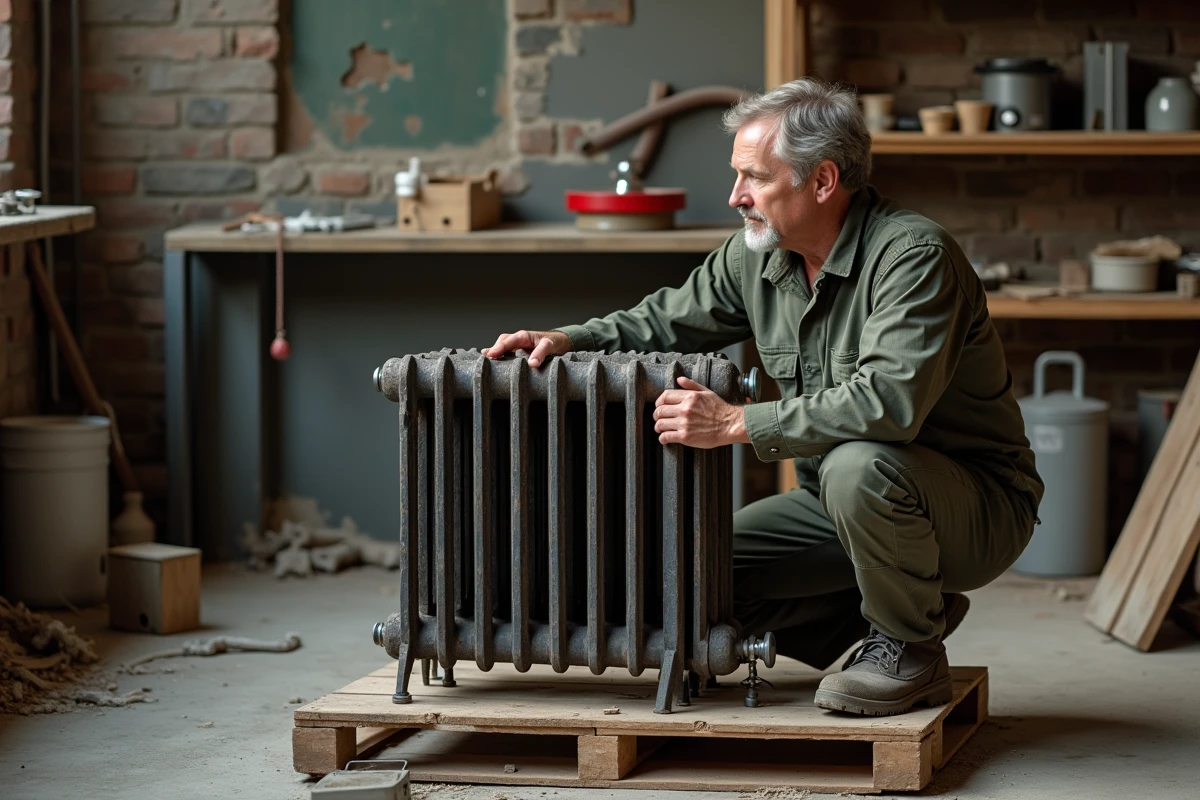 Technicien évaluant le poids des sections d'un radiateur en fonte ancien dans un atelier de rénovation