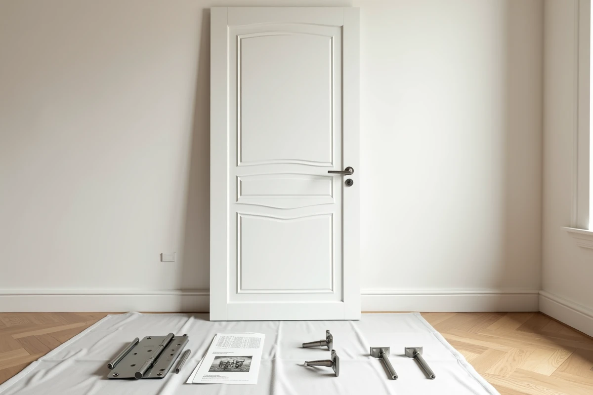 Porte Delpherm blanche et quincaillerie disposées avant le début de l'installation dans un appartement moderne