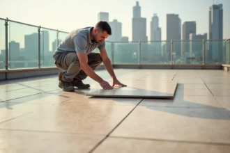 Pose de carrelage sur plots réglables sur une terrasse contemporaine par un professionnel