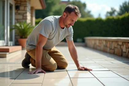 Homme moyenâge en train de poser un carrelage extérieur