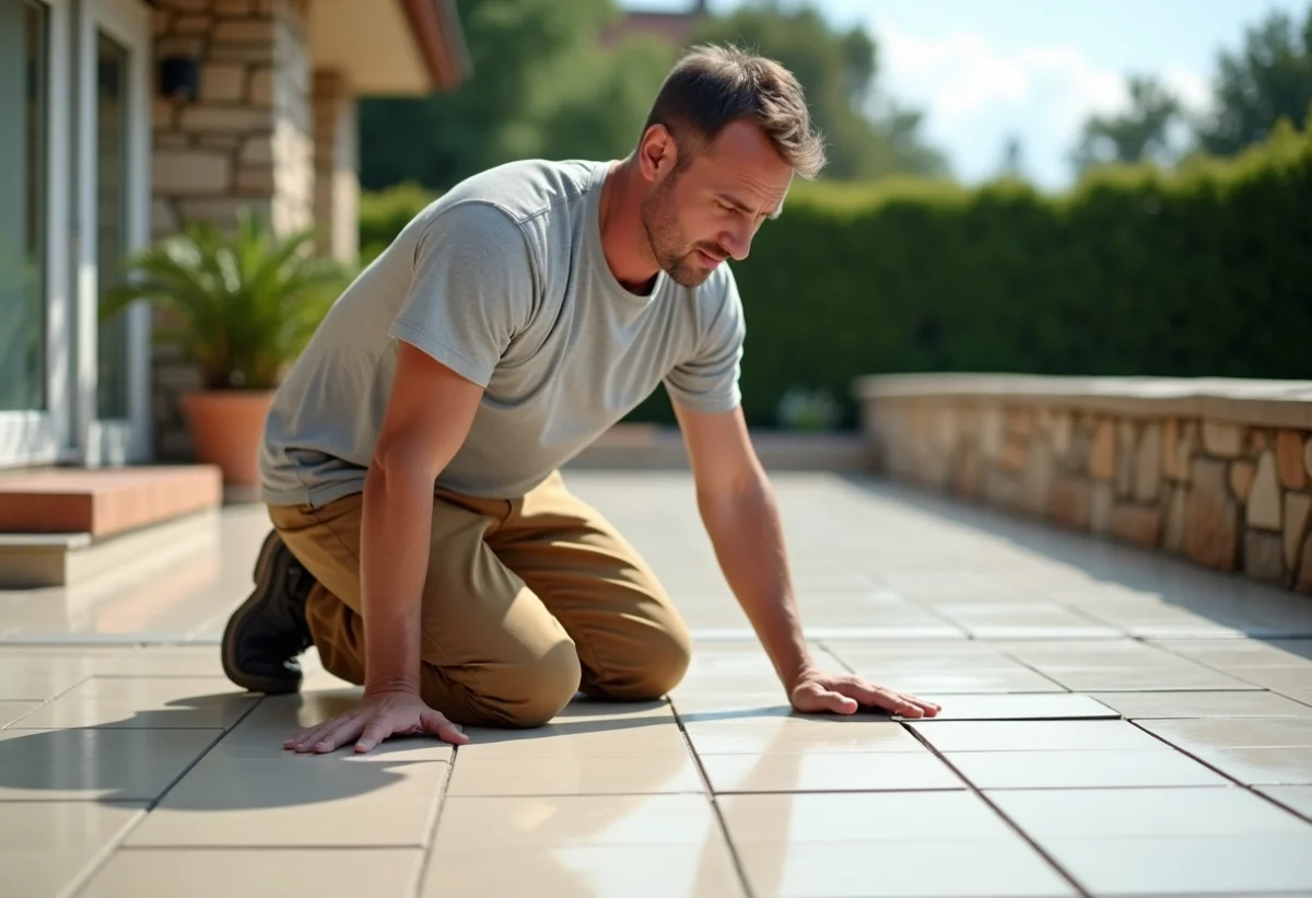 Homme moyenâge en train de poser un carrelage extérieur
