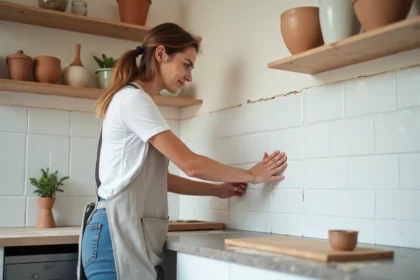 Femme posant une dalle PVC murale adhésive sur un crédence de cuisine lors d'une rénovation DIY