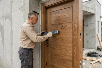 Installateur professionnel posant une porte d'entrée en bois dans une maison neuve, vérifiant l'aplomb avec un niveau à bulle sur un chantier de construction