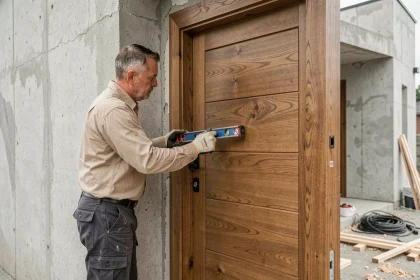 Installateur professionnel posant une porte d'entrée en bois dans une maison neuve, vérifiant l'aplomb avec un niveau à bulle sur un chantier de construction