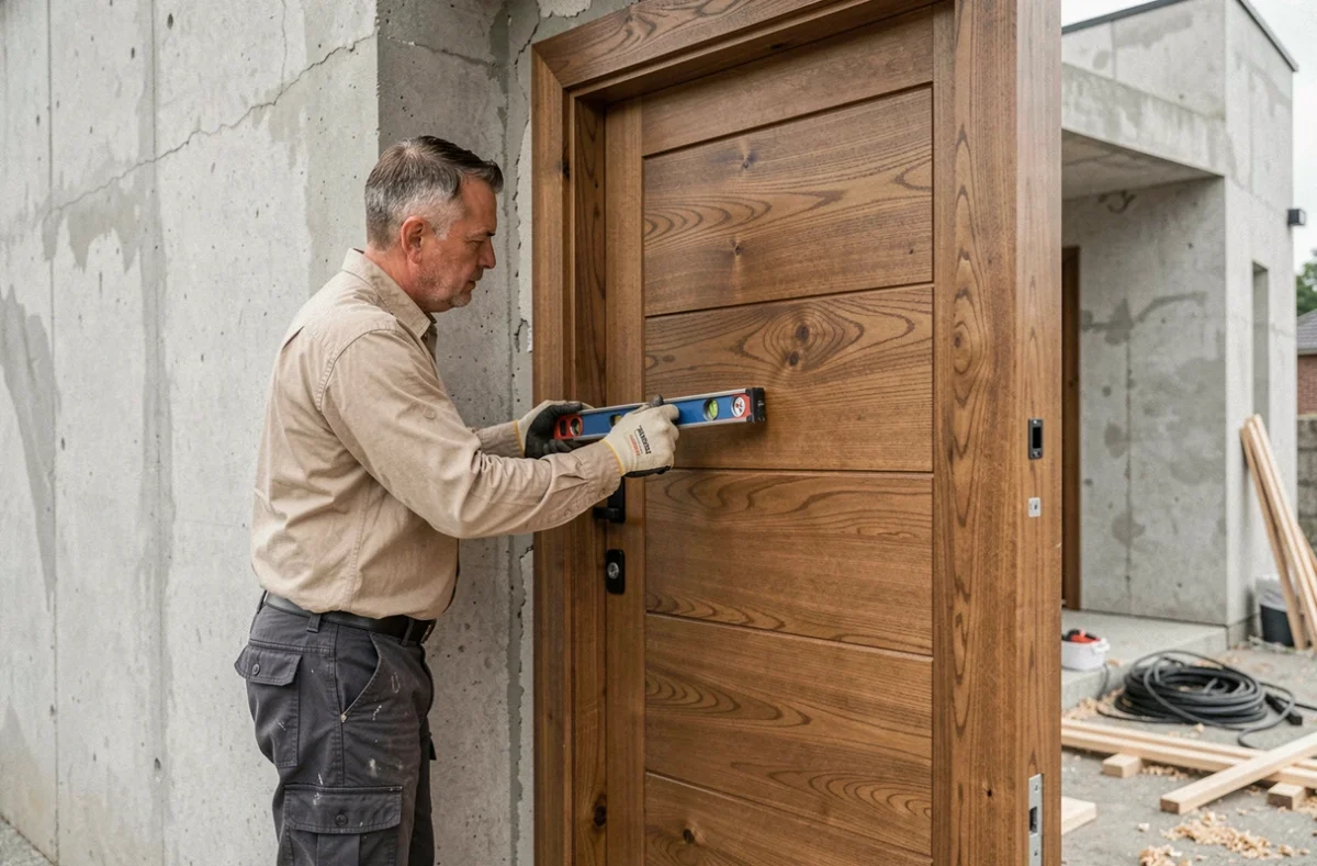 Installateur professionnel posant une porte d'entrée en bois dans une maison neuve, vérifiant l'aplomb avec un niveau à bulle sur un chantier de construction
