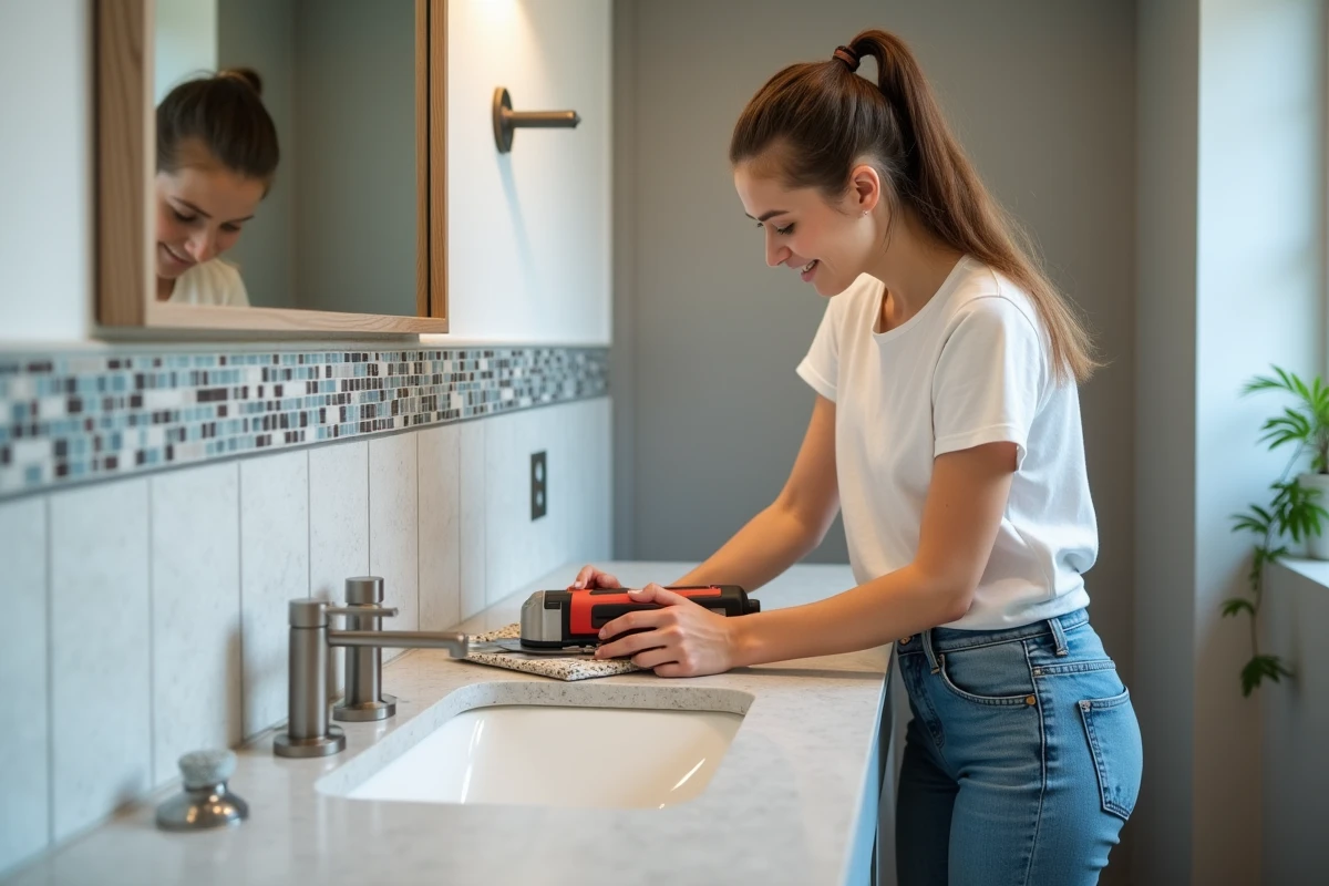 Jeune femme posant un carrelage dans une salle de bain