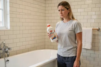 Femme hésitante tenant un produit chimique agressif près d'une baignoire en acrylique blanche dans une salle de bain moderne