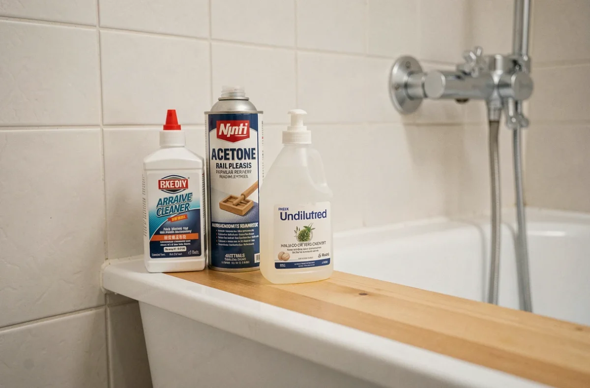 Étagère de salle de bain avec des produits ménagers dangereux pour les baignoires en acrylique comme la javel, l'acétone et les nettoyants abrasifs