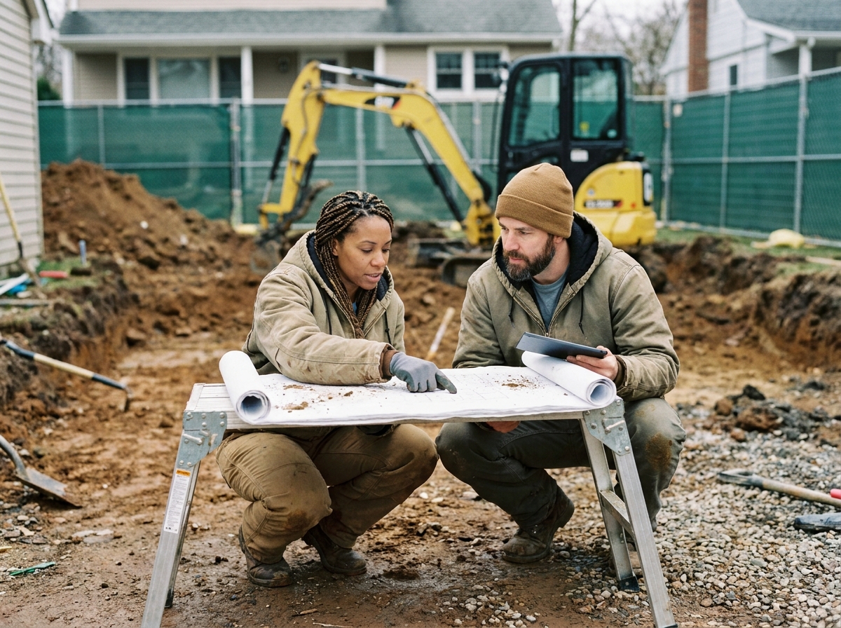 Architecte paysagiste et propriétaire étudiant les plans d'une piscine enterrée sur un chantier de construction en jardin