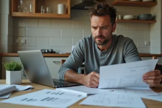 Propriétaire masculin planifiant une rénovation avec des plans et une estimation de coûts sur ordinateur portable