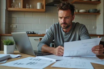 Propriétaire masculin planifiant une rénovation avec des plans et une estimation de coûts sur ordinateur portable