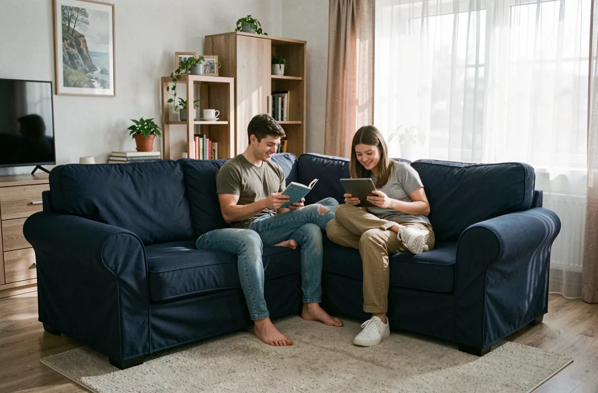 Deux adultes assis sur un canapé d'angle bleu marine recouvert d'un protège canapé imperméable dans un salon familial