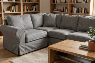 Protège canapé angle en lin gris ajusté sur un canapé d'angle moderne dans un salon cosy