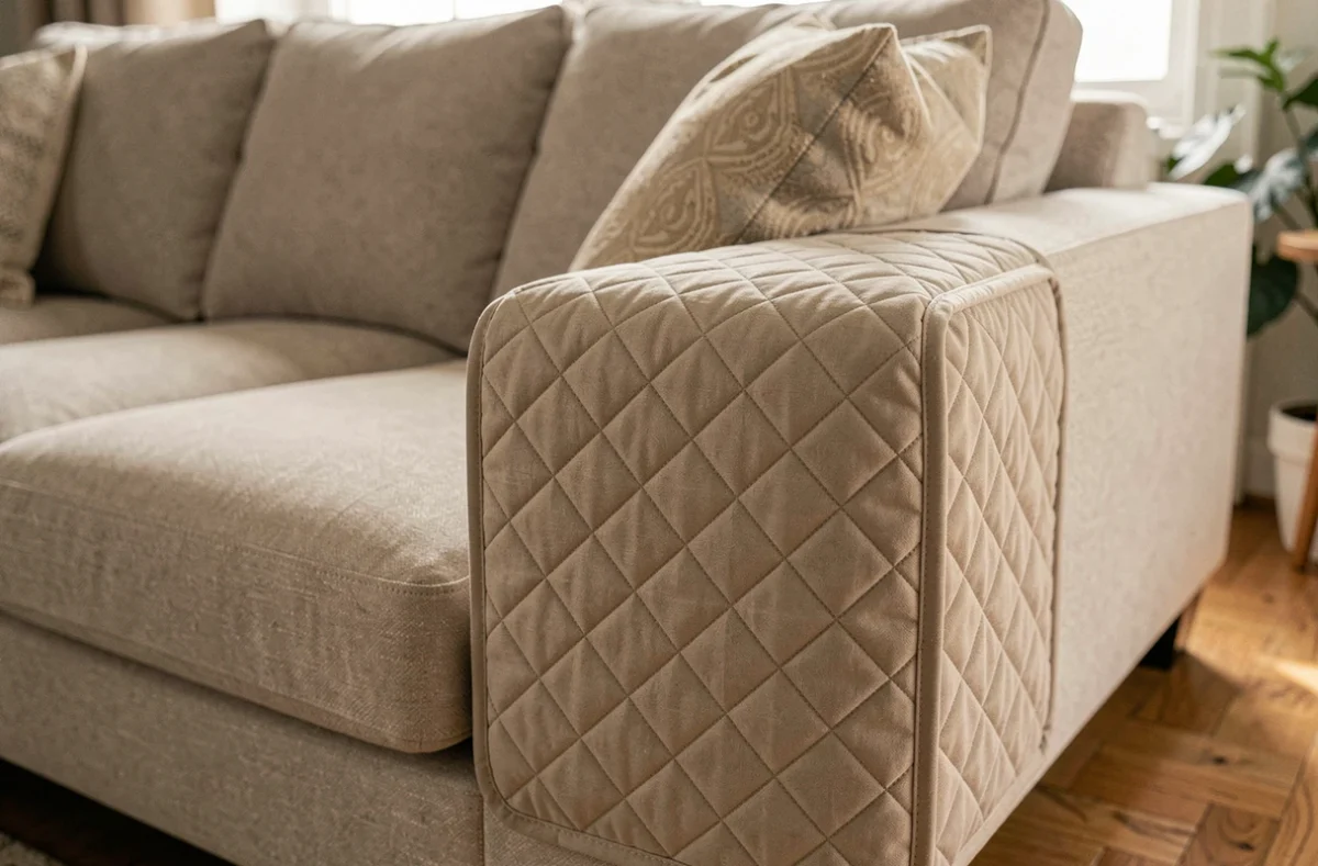 Gros plan sur un protège canapé d'angle matelassé beige avec surpiqûres en losanges sur accoudoir