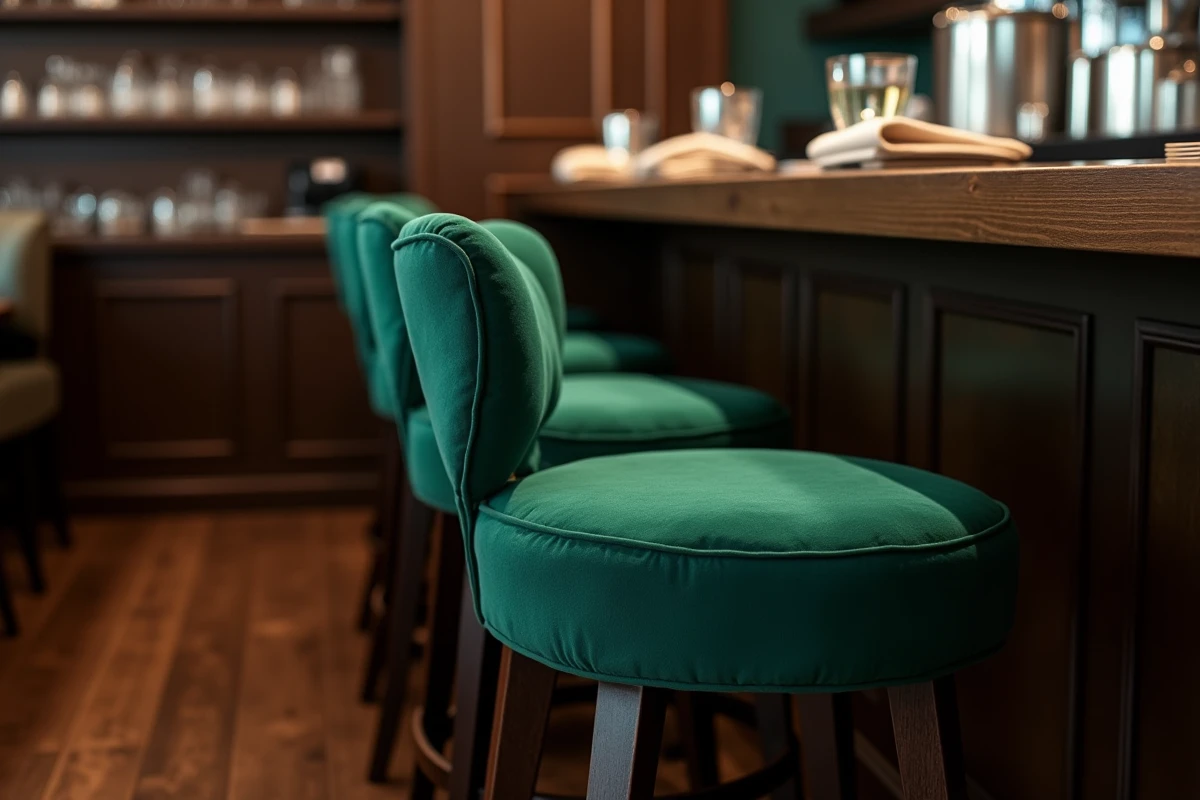 Rangée de tabourets de bar recouverts de housses anti-taches vert forêt dans un bistrot élégant