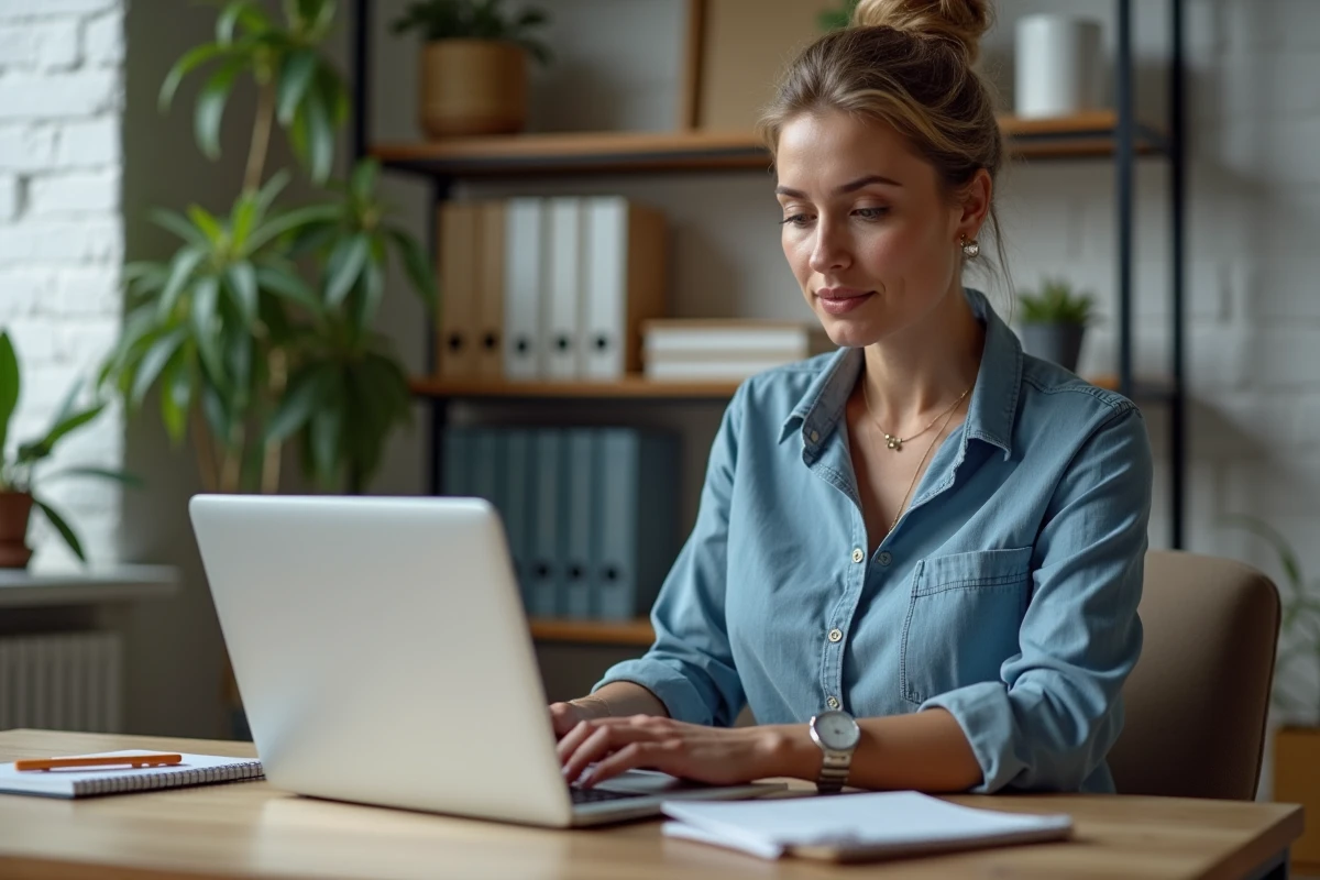 Femme recherchant des professionnels du bâtiment sur un site de travaux depuis son bureau à domicile