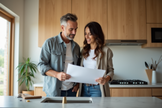 Couple examine plans dans cuisine rénovée lumineuse