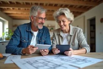 Couple examine des devis de rénovation dans une cuisine moderne