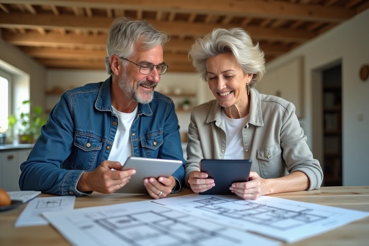 Couple examine des devis de rénovation dans une cuisine moderne