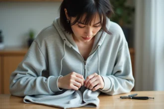 Femme réparant une fermeture éclair bloquée en bas d'un sweat avec des outils de couture sur une table en bois