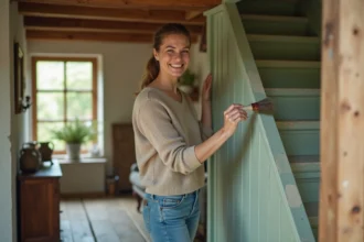 Femme appliquant de la peinture verte sur un escalier en bois