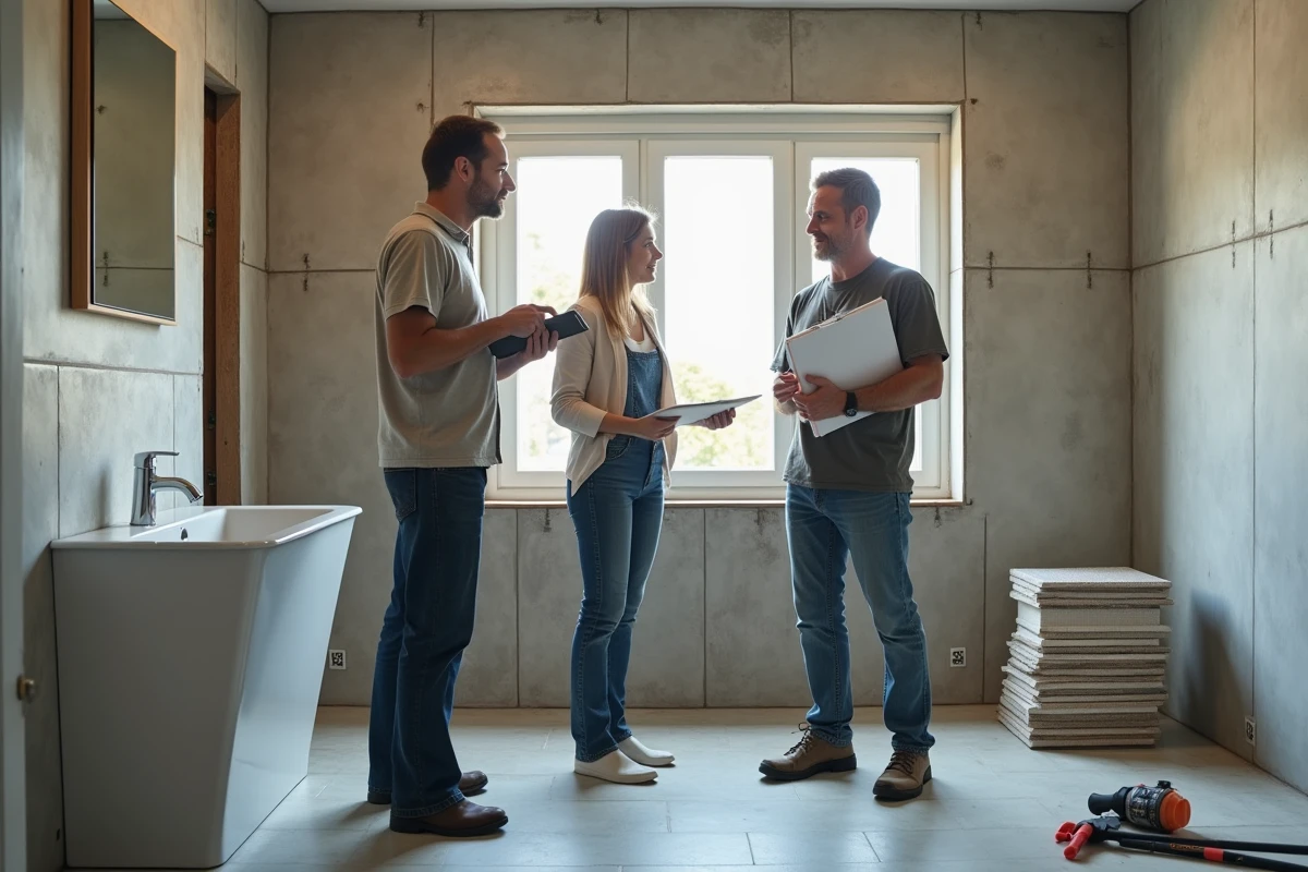 Couple discutant du coût de rénovation d'une salle de bain avec un artisan professionnel