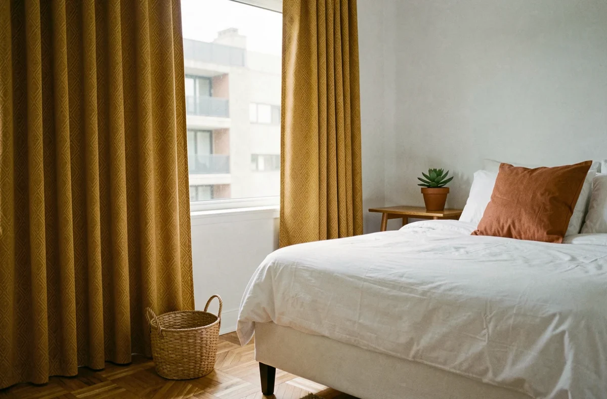 Rideaux occultants à motif géométrique moutarde dans une chambre à coucher minimaliste et chaleureuse