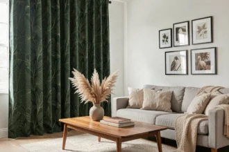 Rideau occultant à motif botanique vert foncé associé à une décoration scandinave dans un salon moderne