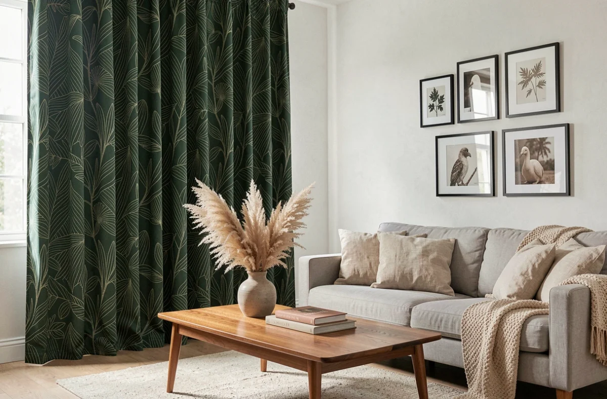 Rideau occultant à motif botanique vert foncé associé à une décoration scandinave dans un salon moderne