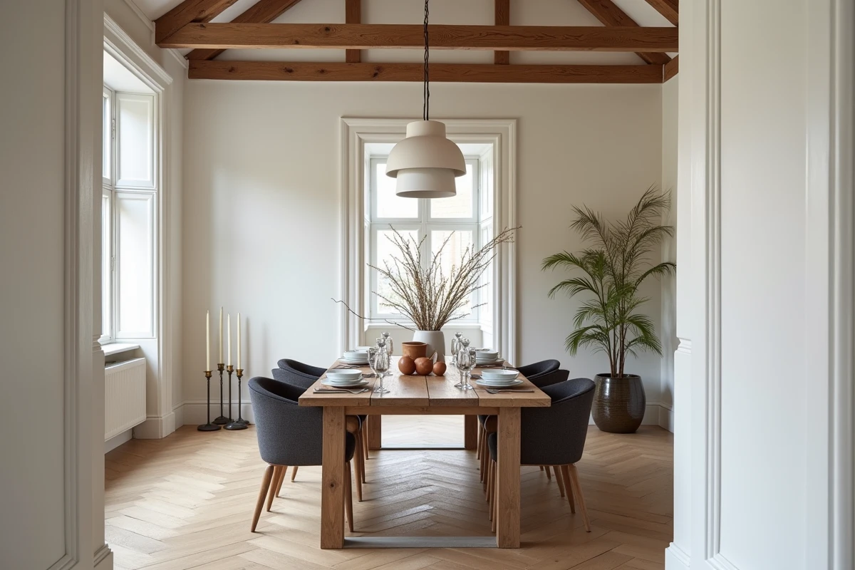 Salle à manger partagée entre décoration blanc froid et blanc chaud pour illustrer l'impact visuel des sous-tons de peinture blanche