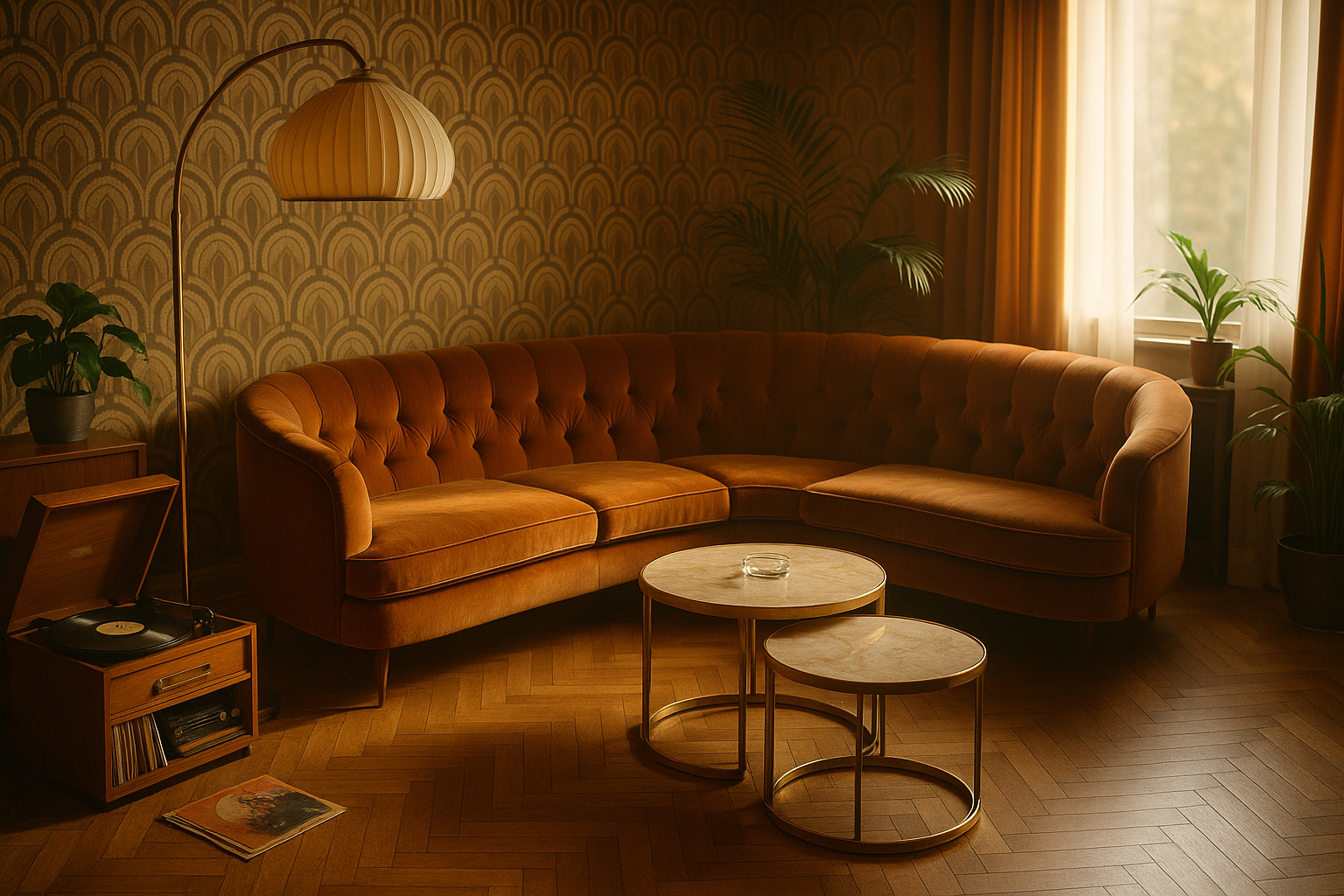 Salon élégant style 70s avec canapé velours et phonographe