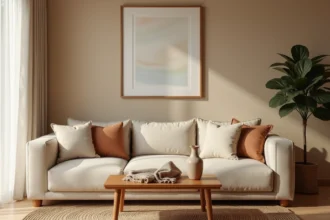 Salon Airbnb soigneusement décoré avec canapé en lin beige, table basse en chêne et plante verte, ambiance cosy et raffinée pour attirer les voyageurs