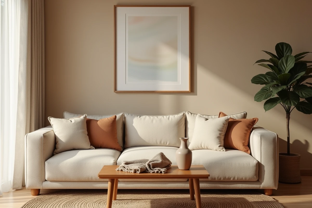 Salon Airbnb soigneusement décoré avec canapé en lin beige, table basse en chêne et plante verte, ambiance cosy et raffinée pour attirer les voyageurs